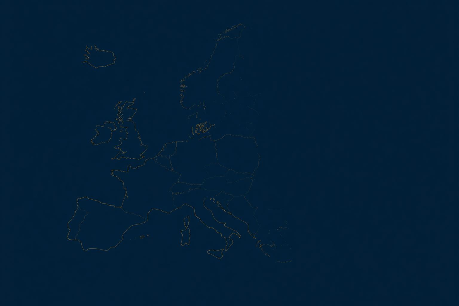 Stylised outline map of Europe in navy and gold